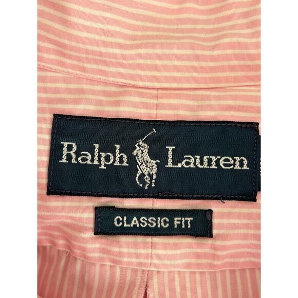 Ralph Lauren Shirt Men's Size 17.5 36/37 Tall Pink White Striped Button Front - Picture 7 of 12